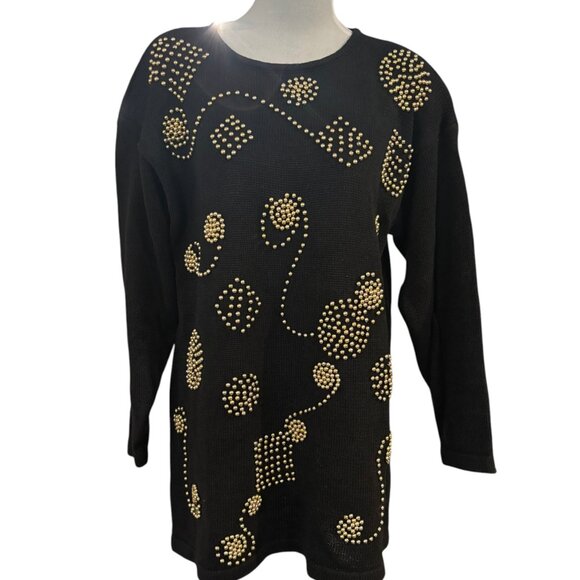 Sarah Morgan Vintage Black Knit Gold Beading Tunic Sweater Dress sz S - Picture 3 of 12